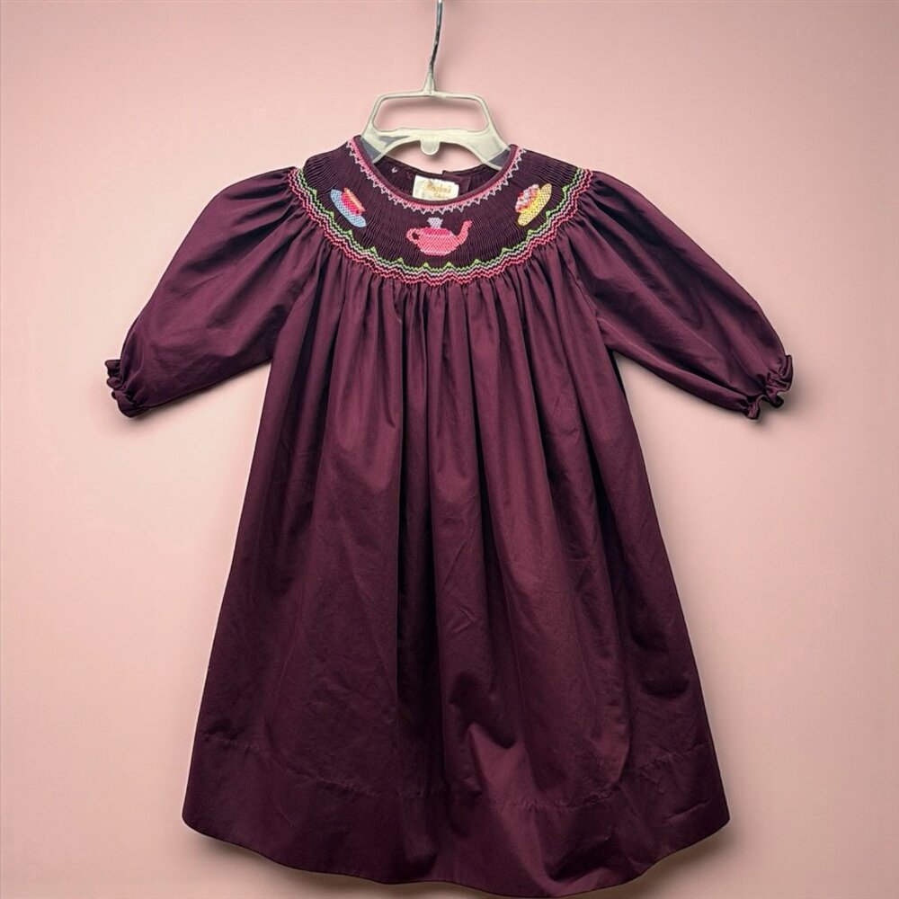 Rosalina Collections Smocked Dress 4T Teapot Cupcake Purple Tea Party Dress